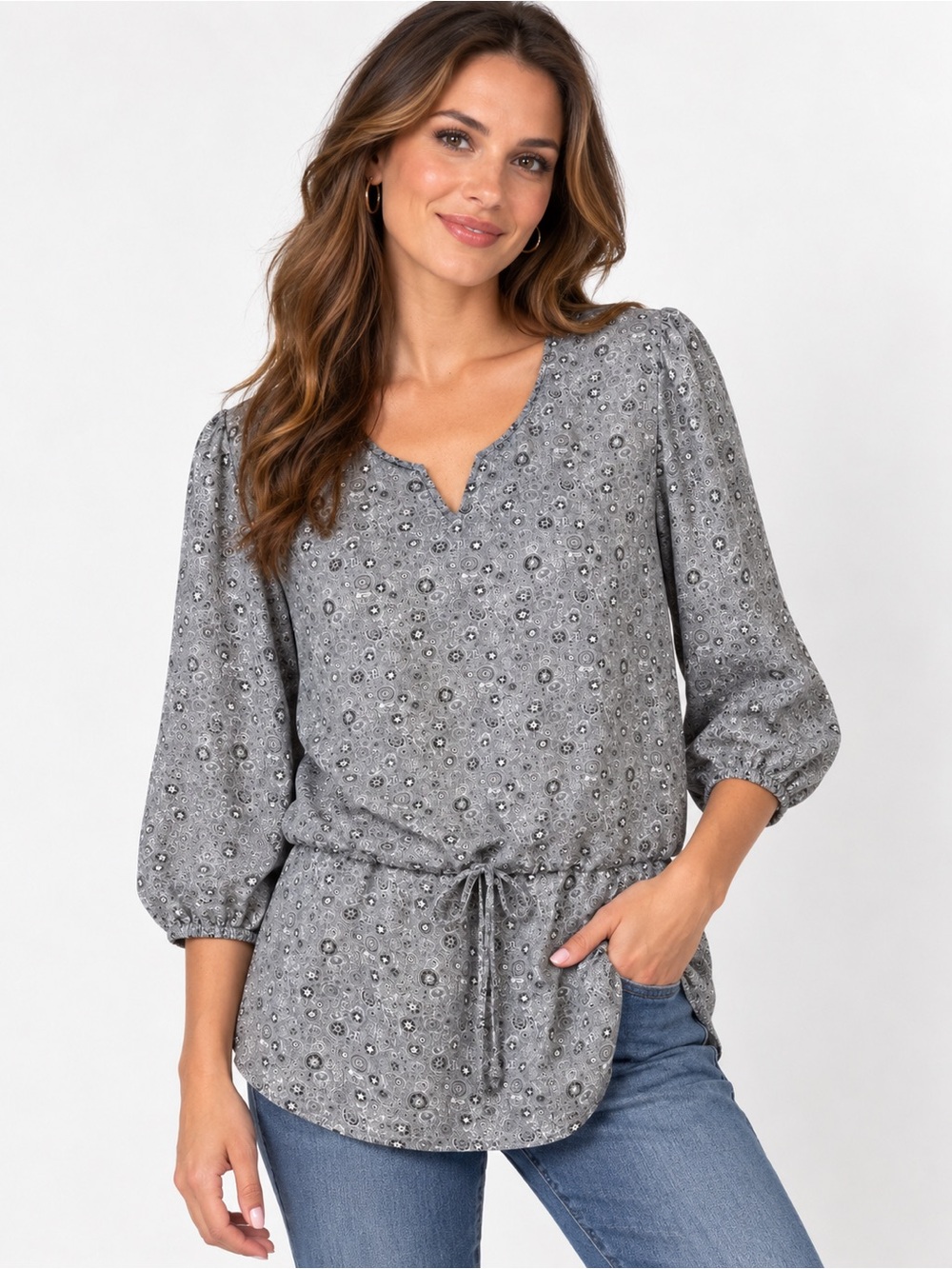 Faded Glory Gray Medallion Print Drawstring Blouse – L